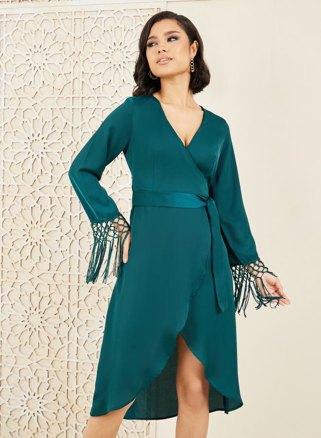 Styli Styli Tassel Trim Sleeves Asymmetric Hem Wrap Midi Dress  - Image 1