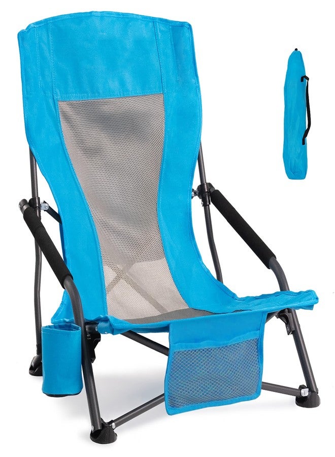 Foristrail Portable Folding Beach Chair for Adults - Lightweight Low Back Sling Chair with Cup Holder & Storage Pocket, 300lbs Capacity Camping Chair for Outdoor, Lawn, Concert, Travel (Blue) - Image 1
