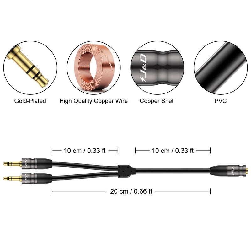 J&D 3.5 mm to 2X 3.5 mm Cable, Gold Plated Joint Copper Shell Heavy Duty 3.5mm 1/8 inch TRS Female to Dual 3.5 mm 1/8 inch TRS Male Y-Splitter Stereo Audio Adapter Cable, 0.65 Feet - Image 2