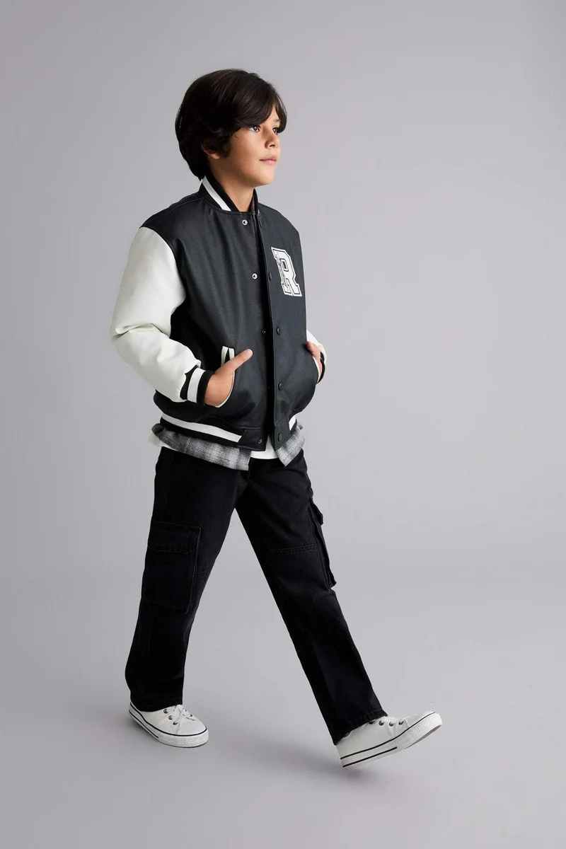 ديفاكتو Boy College Collar Waterproof Zip-Up Faux Leather Bomber Jacket