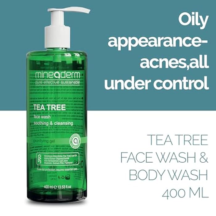 Mineaderm Tea Tree Face Wash for Acne-Prone Skin – Purifying Cleanser with Aloe Vera, Panthenol & Bisabolol – Fights Acne & Controls Oil – Gentle Daily Gel Wash – 400ml - Image 3