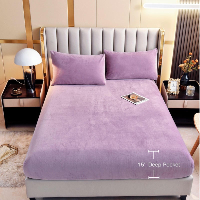 LweiPsqLin Velvet Fitted Sheet Fleece Plush Bed Sheet Mattress Protector Cover with 15'' Deep Pocket Warm Fuzzy Bottom Sheet (Not Include Pillowcases) (Lavender  Queen) - Image 2