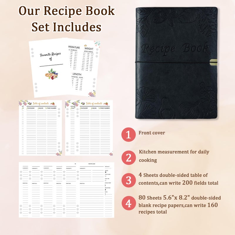 leeveel Blank Recipe Book to Write in Your Own Recipes, 5.6 X 8.2 Recipe Ring Binder with PU Leather Cover, Recipe Journal with 160 Recipes (black) - Image 2