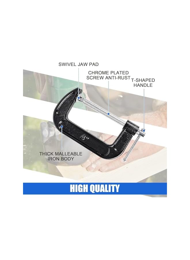 PROMASS 4PCS 4 Inch C-Clamp, Industrial Strength, Heavy Duty Steel C Clamp Set, Iron C Clamps, Cast Iron Frame Sliding T-Handlefor Woodworking, Welding, Building Blue Collar Tools, Stability Massive Clamps - Image 4