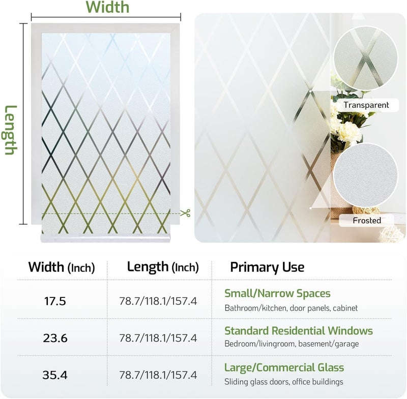 LUTE Frosted Glass Window Privacy Film, Static Cling Non-Adhesive Heat Control Window Cover, Removable Decorative Frosting Decals for Home Office, Lattice Pattern, 17.5" x 78.7" - Image 5