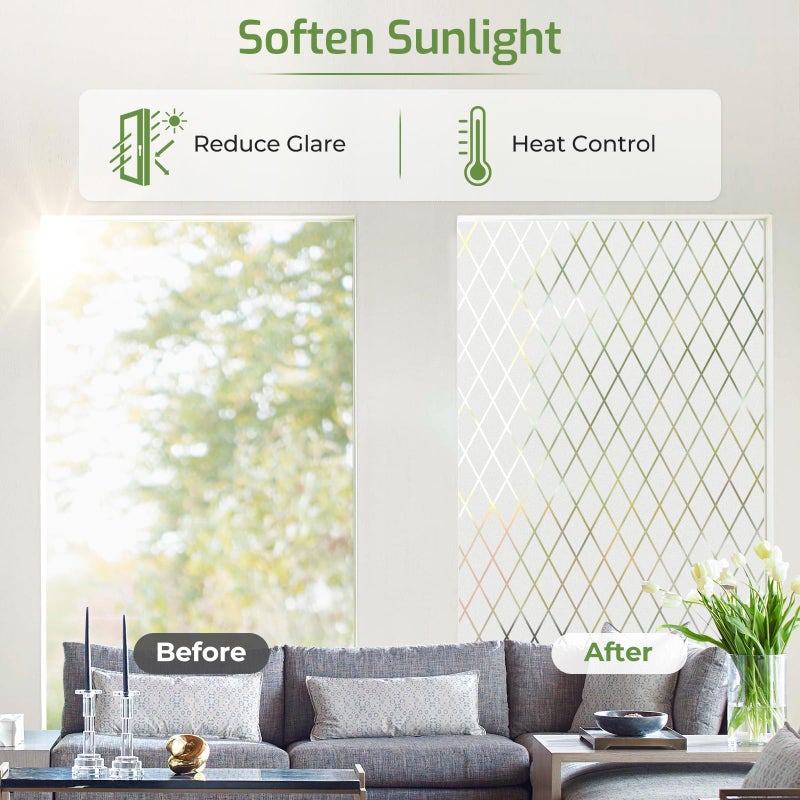LUTE Frosted Glass Window Privacy Film, Static Cling Non-Adhesive Heat Control Window Cover, Removable Decorative Frosting Decals for Home Office, Lattice Pattern, 17.5" x 78.7" - Image 4