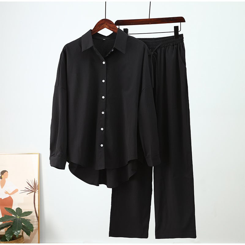 2023 Fashion Loose Elastic Ruched Long Sleeve Shirt and Wide Leg Pants Set for Women Apricot - Image 3