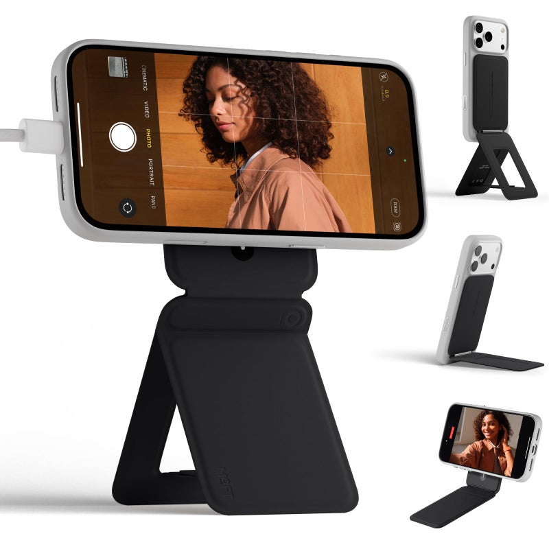 MOFT Phone Stand, Magnetic Phone Tripod Stand Stain-Resistant MOVAS Leather & Angle Adjustment & Strong Magnets Tripod for iPhone 17/16/15/14/13/12 (Included Metal Ring)-Jet Black - Image 1
