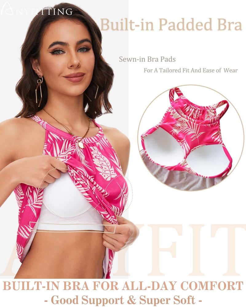 ANYFITTING Women's Short Summer Dress Built in Bra Hawaiian Flowy Tropical Cruise Outfits Pink Floral Vacation Beach Dresses for Luau Party - Image 3