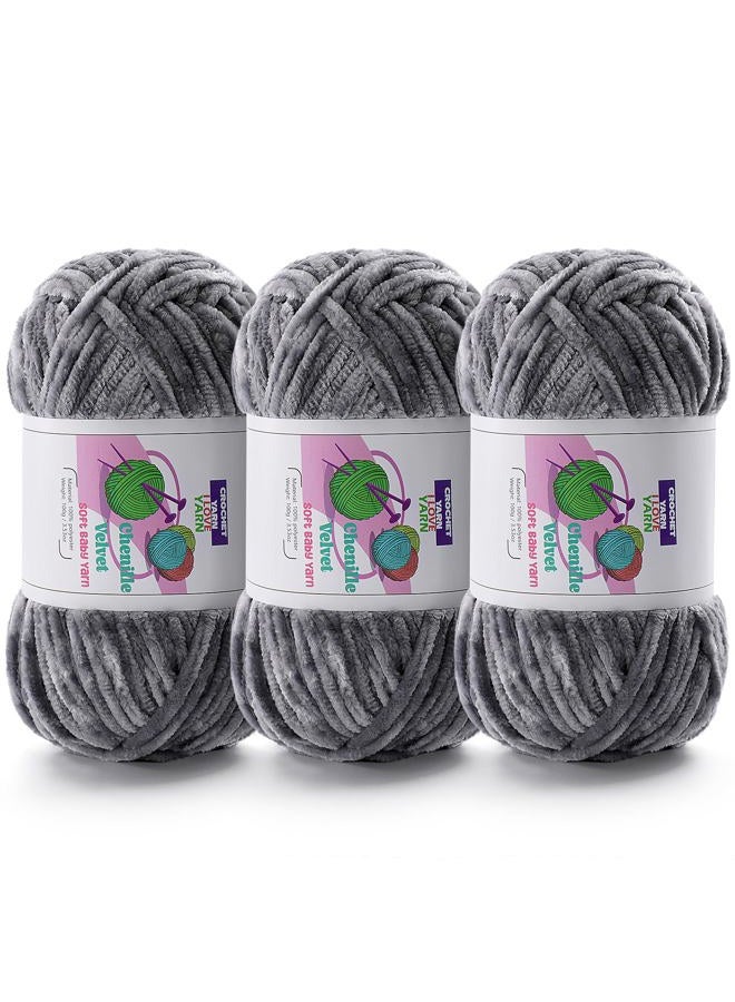 DAERBOF Chunky Yarn, Velvet Chenille Yarn for Crocheting and Knitting, 3 Skeins (3×3.5oz, 3×87.5yds) - Light Grey - Image 1