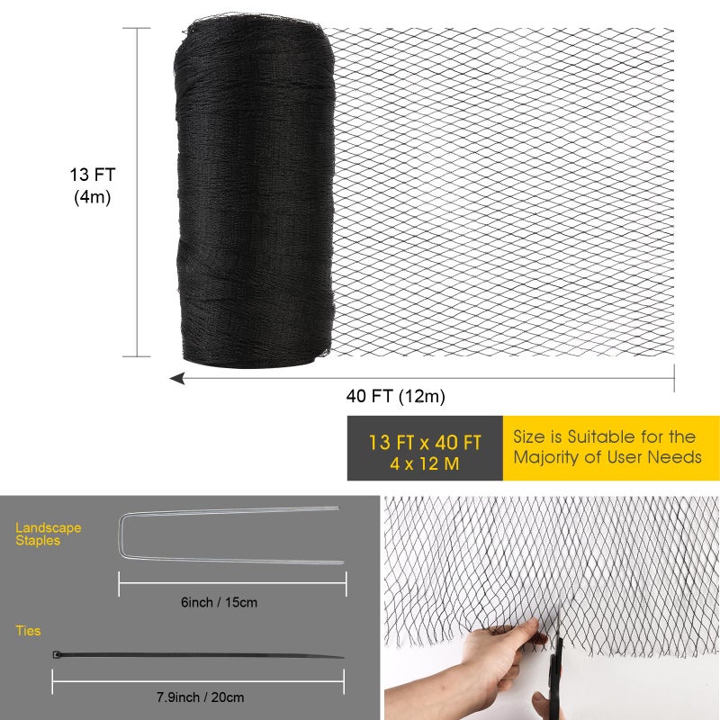 Rifny Bird Netting for Garden - 13 x 40 FT Heavy Duty Anti Bird Netting Mesh with Ties and Landscape Staples for Vegetable, Fruit Trees & Other Plants, Lasting Against Birds Deer Squirrels and Poultry - Image 2