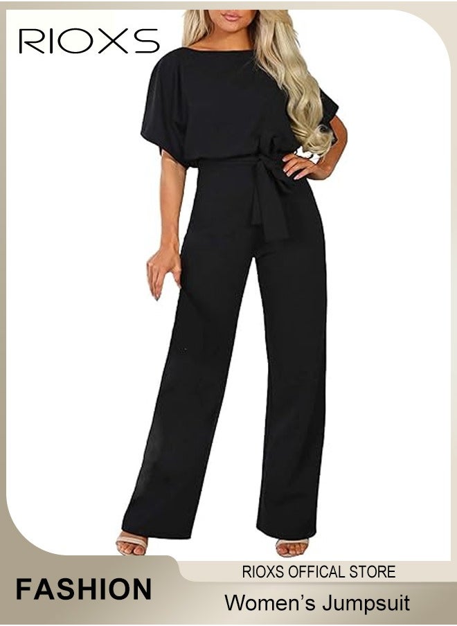 RIOXS Womens Jumpsuit Short Sleeve Pants Suit For Women Belted Wide Leg Pants Romper Jumpsuit Business Casual One Piece Outfits For Party Daily Wear  - Image 1