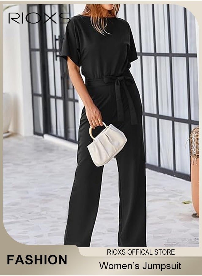 RIOXS Womens Jumpsuit Short Sleeve Pants Suit For Women Belted Wide Leg Pants Romper Jumpsuit Business Casual One Piece Outfits For Party Daily Wear  - Image 2