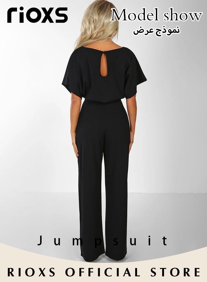 RIOXS Women's Crewneck Short Sleeve Jumpsuit, Elegant Batwing Sleeve Wide Straight Leg Pants Romper with Waist Belt, Casual High Waist Flowy One Piece Dressy Jumpsuit for Business Work, Travel, Beach, Comuuting and Daily Wear, Black - Image 5