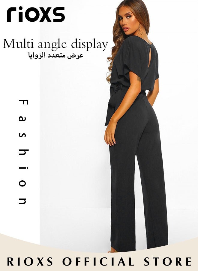 RIOXS Women's Crewneck Short Sleeve Jumpsuit, Elegant Batwing Sleeve Wide Straight Leg Pants Romper with Waist Belt, Casual High Waist Flowy One Piece Dressy Jumpsuit for Business Work, Travel, Beach, Comuuting and Daily Wear, Black - Image 4