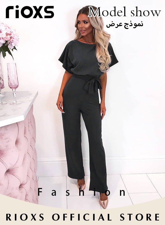 RIOXS Women's Crewneck Short Sleeve Jumpsuit, Elegant Batwing Sleeve Wide Straight Leg Pants Romper with Waist Belt, Casual High Waist Flowy One Piece Dressy Jumpsuit for Business Work, Travel, Beach, Comuuting and Daily Wear, Black - Image 3