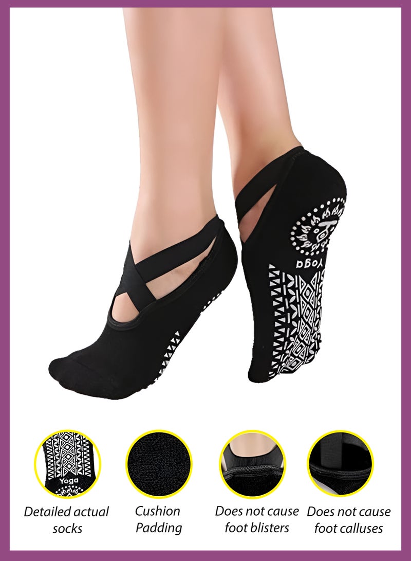 Toshionics 4 Pairs of Non-Slip Grip Pilates Yoga Socks for Women Multipurpose Sports Yoga Anti-Slip Breathable Cotton Socks with Straps & Cushioned Sole Ideal for Pilates Ballet Dance Barre Fitness Gym Barefoot Workout Yoga and Floor Exercises One Size (Black & Grey)  - Image 2