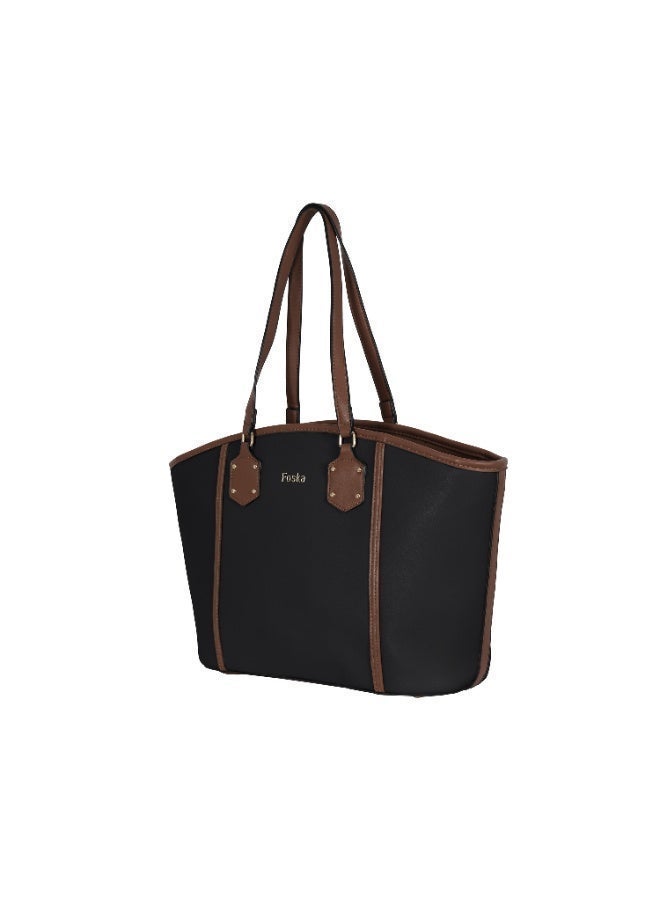 Foska Women's Wide Tote & Shoulder Bag - Two-Tone Design (Black & Brown) - 47x28 cm - Image 2