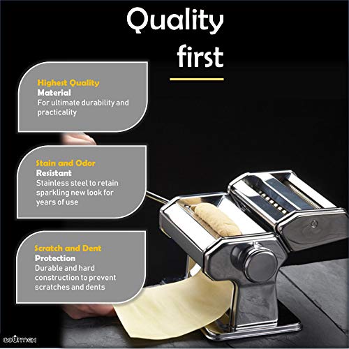GOURMEX Pasta Maker Machine Stainless Steel Manual | With Adjustable Thickness Settings | Perfect for Homemade Spaghetti Fettuccini Noodles and Lasagna | Includes Removable Handle and Clamp (Silver) - Image 3