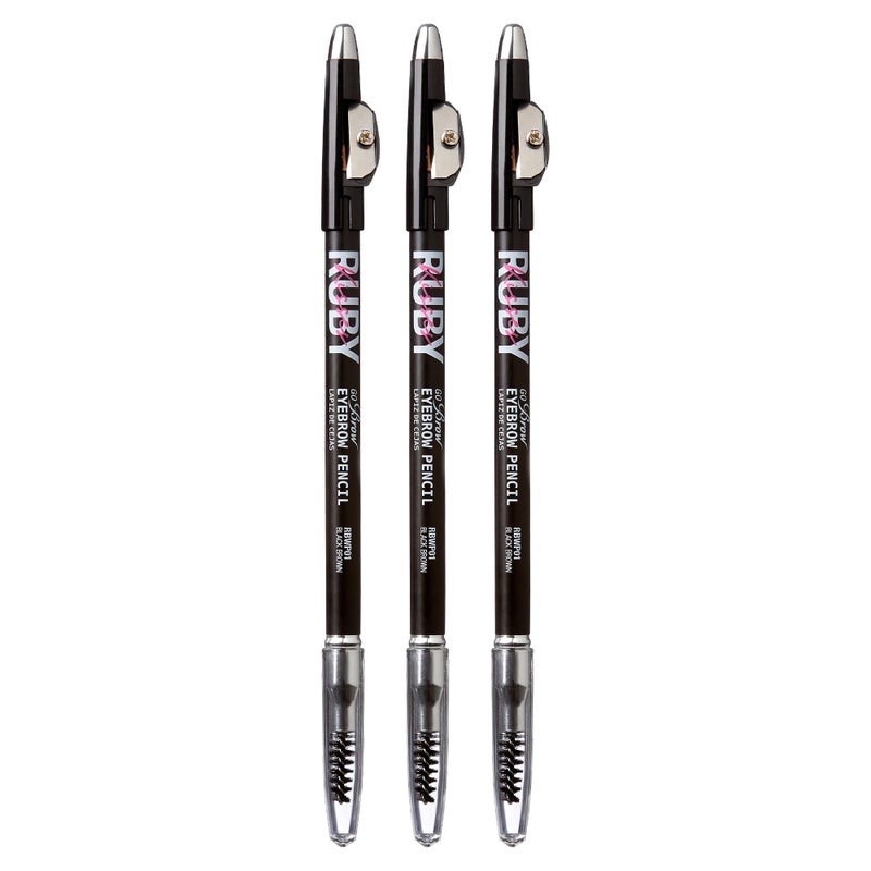 Ruby Kisses GoBrow Eyebrow Pencil, Sharpenable, Longwear, Long Lasting Eyebrow Wooden Pencil for Natural-Looking Brows 3 PACK (Black Brown) - Image 1