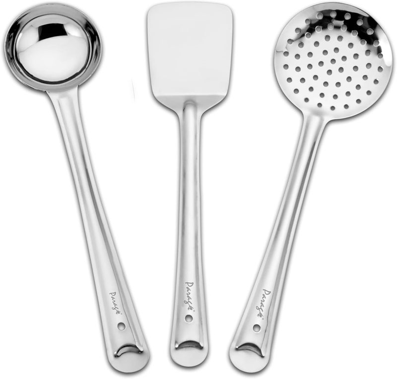 Parage 3 Pieces Stainless Steel Kitchen Tools Set for Cooking and Serving, Pack of 3 Ladle (Karachhi), Skimmer (Jhara) & Turner/Spatula (Palta) Silver, Size: 32 cms, 33.5 cms, 34.5 cms - Image 1