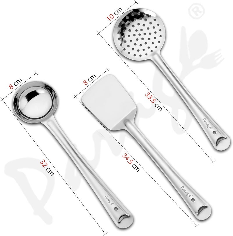 Parage 3 Pieces Stainless Steel Kitchen Tools Set for Cooking and Serving, Pack of 3 Ladle (Karachhi), Skimmer (Jhara) & Turner/Spatula (Palta) Silver, Size: 32 cms, 33.5 cms, 34.5 cms - Image 2