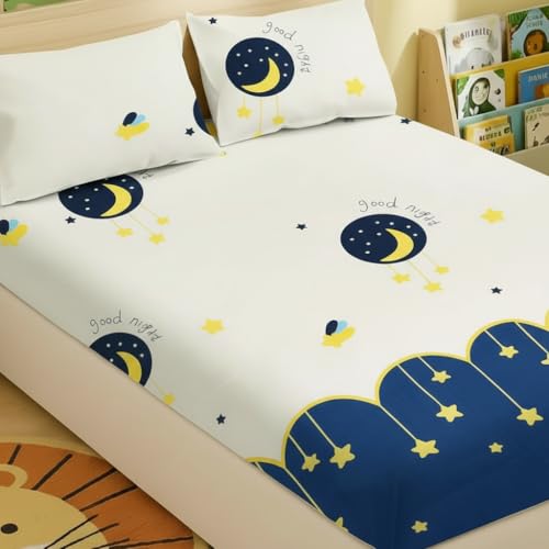 Filymore Kids bedsheets for Double Bed Made with Microfiber 240 TC Wrinkle Free Soft | Good Night bedsheet for Kids Queen Size (90x90 Inches/Boys Girls Room)(Cream and Blue) - Image 2