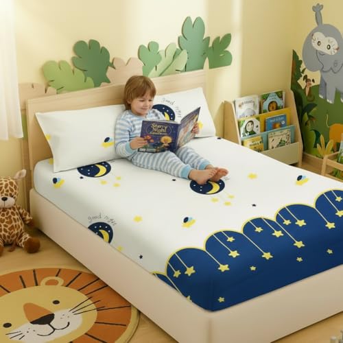 Filymore Kids bedsheets for Double Bed Made with Microfiber 240 TC Wrinkle Free Soft | Good Night bedsheet for Kids Queen Size (90x90 Inches/Boys Girls Room)(Cream and Blue) - Image 3