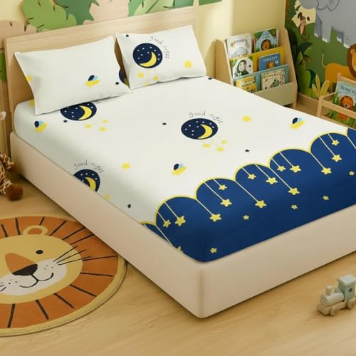 Filymore Kids bedsheets for Double Bed Made with Microfiber 240 TC Wrinkle Free Soft | Good Night bedsheet for Kids Queen Size (90x90 Inches/Boys Girls Room)(Cream and Blue) - Image 1