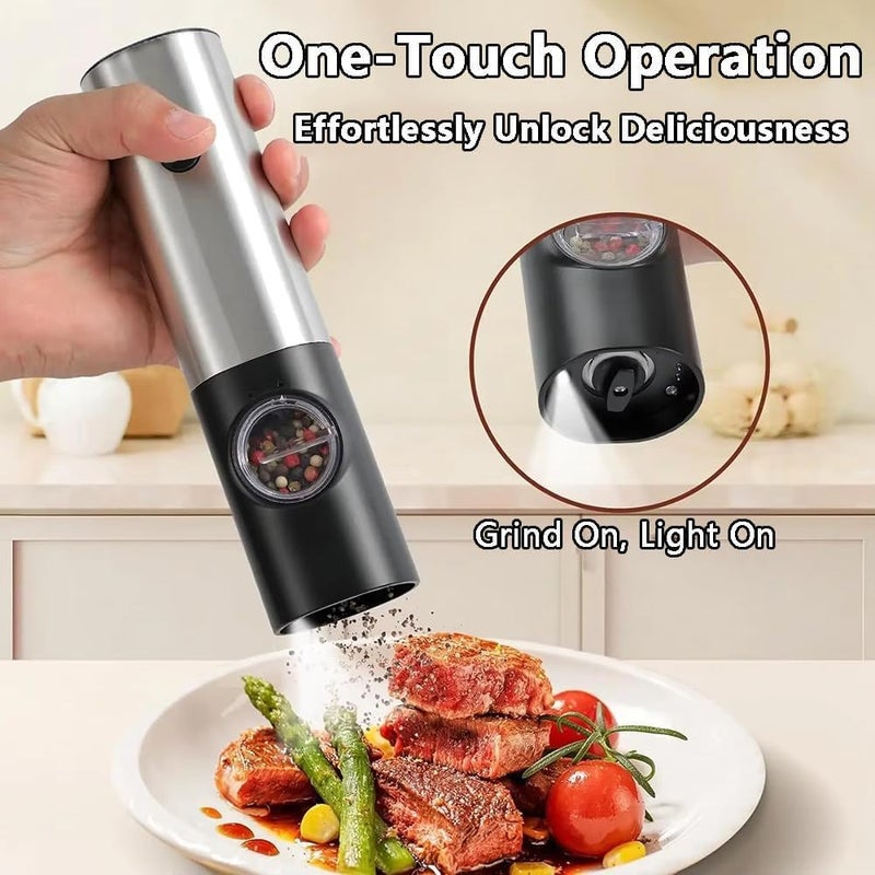 AMINAC Electric Salt and Pepper Grinder Set, Automatic Pepper Grinder, Adjustable Coarseness, Battery Operated, LED Light, Spice Grinder - Image 2