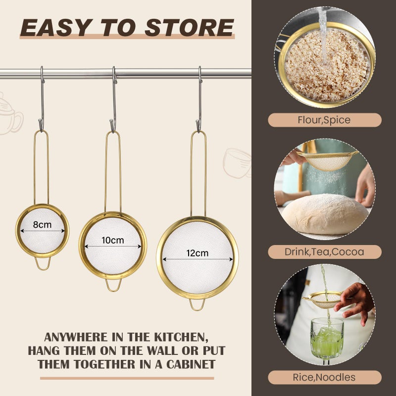 Norme 4 Quart Stainless Steel Gold Colander and 3 Pcs Gold Fine Mesh Strainer, Stainless Steel Pasta Rice Food Metal Strainer with Handles, Easy Clean and Dishwasher Safe - Image 3