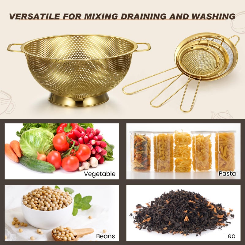 Norme 4 Quart Stainless Steel Gold Colander and 3 Pcs Gold Fine Mesh Strainer, Stainless Steel Pasta Rice Food Metal Strainer with Handles, Easy Clean and Dishwasher Safe - Image 4