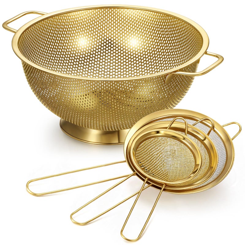 Norme 4 Quart Stainless Steel Gold Colander and 3 Pcs Gold Fine Mesh Strainer, Stainless Steel Pasta Rice Food Metal Strainer with Handles, Easy Clean and Dishwasher Safe - Image 1