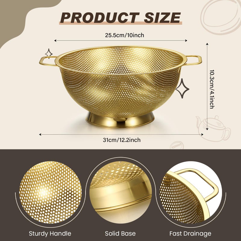Norme 4 Quart Stainless Steel Gold Colander and 3 Pcs Gold Fine Mesh Strainer, Stainless Steel Pasta Rice Food Metal Strainer with Handles, Easy Clean and Dishwasher Safe - Image 2