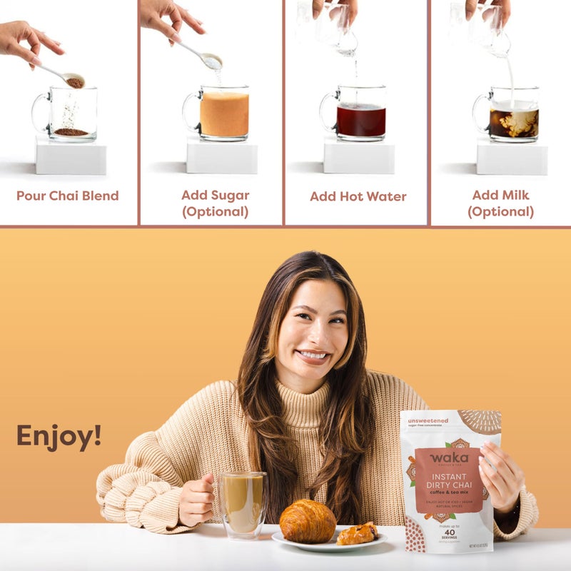 Waka Dirty Chai - Instant Coffee and Tea Powder Mix, Sugar Free, Pure Leaves from India With Arabica Coffee and Natural Spices, Unsweetened (4.5oz Pouch, 40 Servings) - Image 5