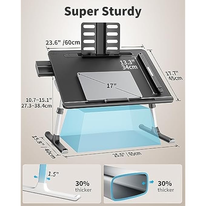 rayihni LAPTOP TRAY, LAPDESK, 3 LIGHT MODES BED DESK, HEIGHT ADJUSTABLE, WITH BOOK STAND, DRAWER, TABLET GROOVE, FOR STUDY, WORK, BREAKFAST,CRAFTING (BLACK 23.6 * 17.7'') - Image 3
