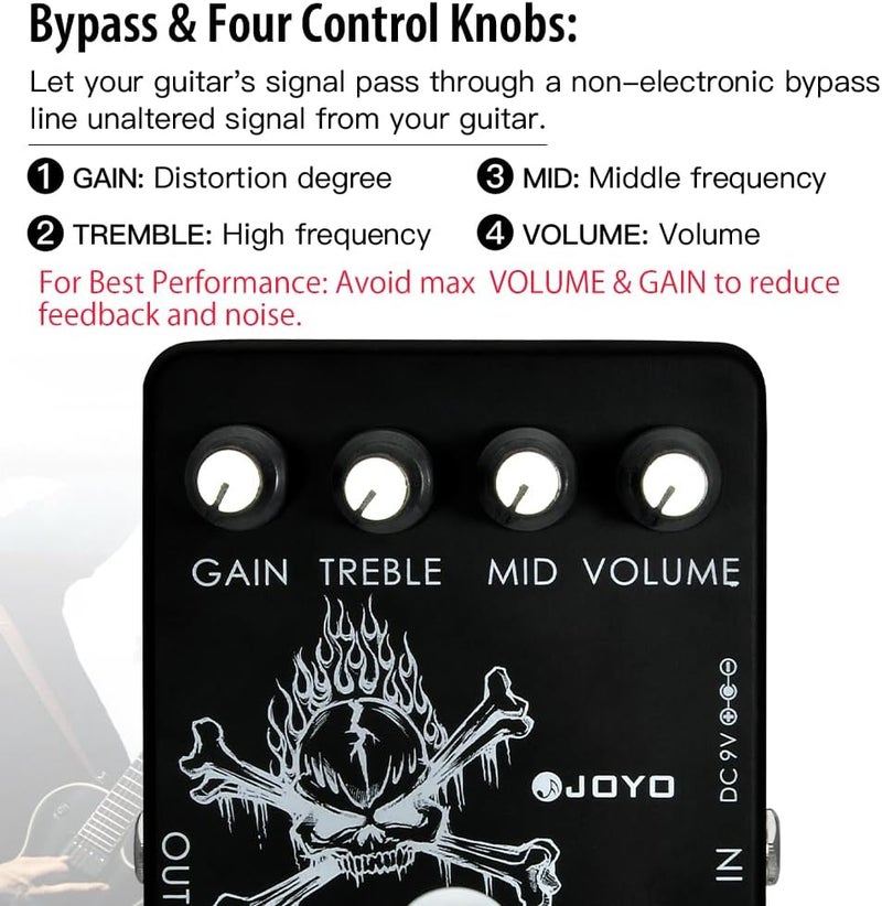 JOYO High Gain Distortion Pedal from AC/DC Crunch to Heavy Metal with Full Range EQ for Electric Guitar Effect - Bypass (JF-04) - Image 4