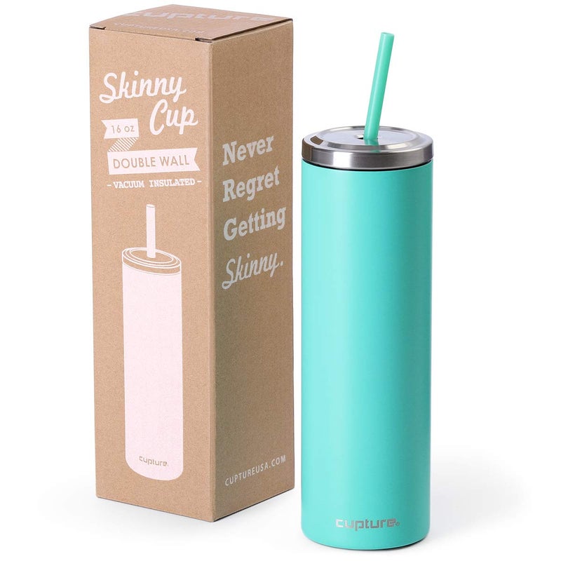 Cupture Stainless Steel Skinny Insulated Tumbler Cup with Lid and Reusable Straw - 16 oz (Bright Teal) - Image 1