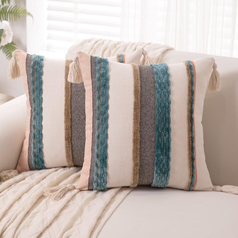 WANLIRD Boho Throw Pillow Covers 18x18 Set of 2 Woven Tufted Farmhouse Pillows Cover with Tassels Textured Striped Cushion Case Neutral Pillow Cases Decorative Pillowcase for Sofa Couch Bed,Blue - Image 1
