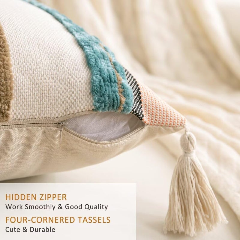 WANLIRD Boho Throw Pillow Covers 18x18 Set of 2 Woven Tufted Farmhouse Pillows Cover with Tassels Textured Striped Cushion Case Neutral Pillow Cases Decorative Pillowcase for Sofa Couch Bed,Blue - Image 3