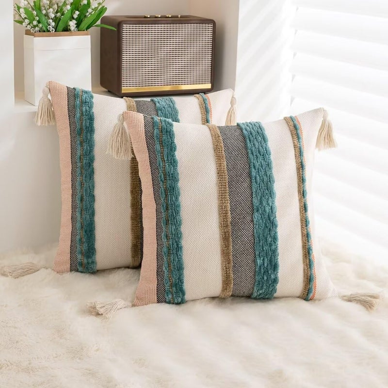 WANLIRD Boho Throw Pillow Covers 18x18 Set of 2 Woven Tufted Farmhouse Pillows Cover with Tassels Textured Striped Cushion Case Neutral Pillow Cases Decorative Pillowcase for Sofa Couch Bed,Blue - Image 4