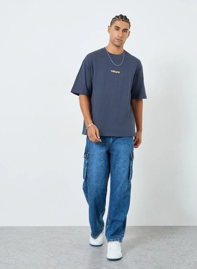 Styli Men Dark Blue Graphic Print Oversized T-Shirt