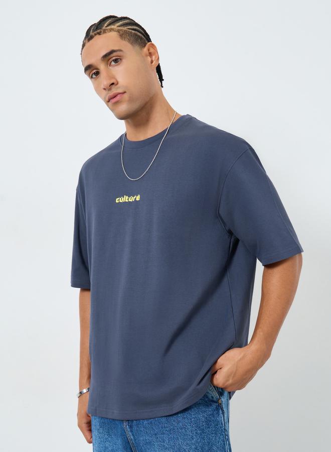 Styli Men Dark Blue Graphic Print Oversized T-Shirt - Image 3