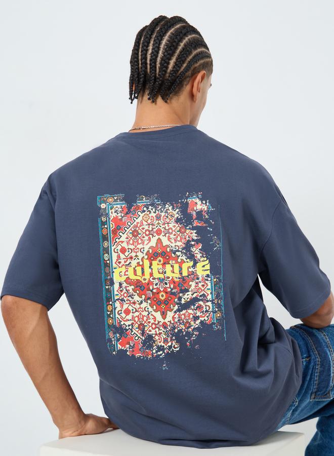 Styli Men Dark Blue Graphic Print Oversized T-Shirt - Image 1