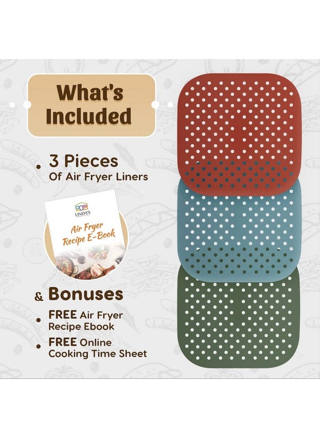 Linda's Essentials Reusable Square Silicone Air Fryer Liners (8.5 Inch, 3 Pack) by Linda’s Essentials - Non-Stick, Easy-Clean Accessories with Cheat Sheet & Recipe Book, Perfect for Quick Meals  - Image 2