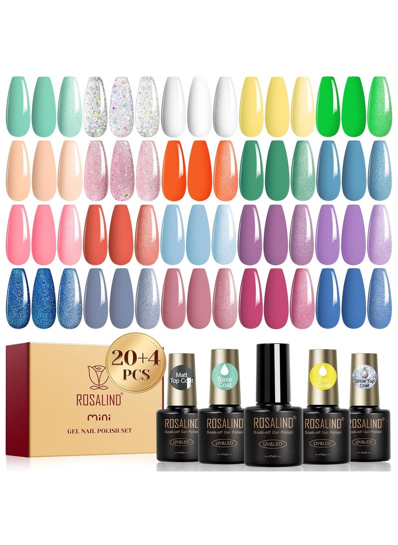 Rosalind ROSALIND 24pcs Gel Polish Set with Gel Base and Glossy Matte Glitter Top Coat Purple Blue Green Gel Nail Polish Set Suitable for All Seasons 