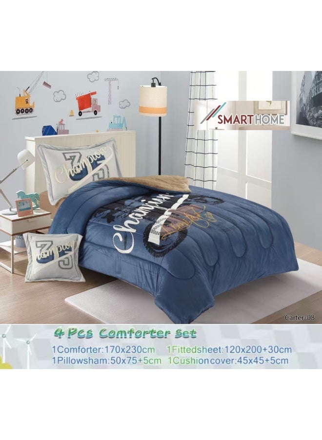 سمارت هوم مفرش سرير أطفال شتوي فخم 4 قطع وجهين مخمل وفرو ناعم بتصميم عصري ومريح – طقم مفارش سرير دافئ  مناسب لغرف الأولاد والبنات – مفرش شتوي فخم للمنزل أو الهدايا – المقاس 170×230 سم ( المفرش بحشوة ) - Image 3