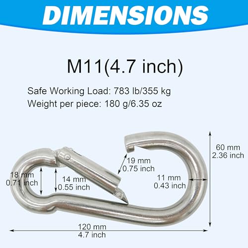 Outmate 316 Stainless Steel Carabiners -4.7 inch Heavy Duty, Durable & Rust-Free Clips for Gym, Swing, Dog Leashes, Hammocks, Keychains, and More(316,M11,Pack of 2) - Image 3