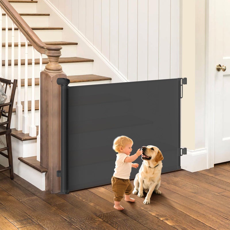 BBsecure Retractable Baby Gate - 55" Wide Mesh Pet Gate with Anti-Crawling Hook, Safety Lock, One-Hand Operation, 34" Tall Baby Gate for Stairs, Doorways, Hallways, Garage, Indoor Outdoor, Black - Image 1