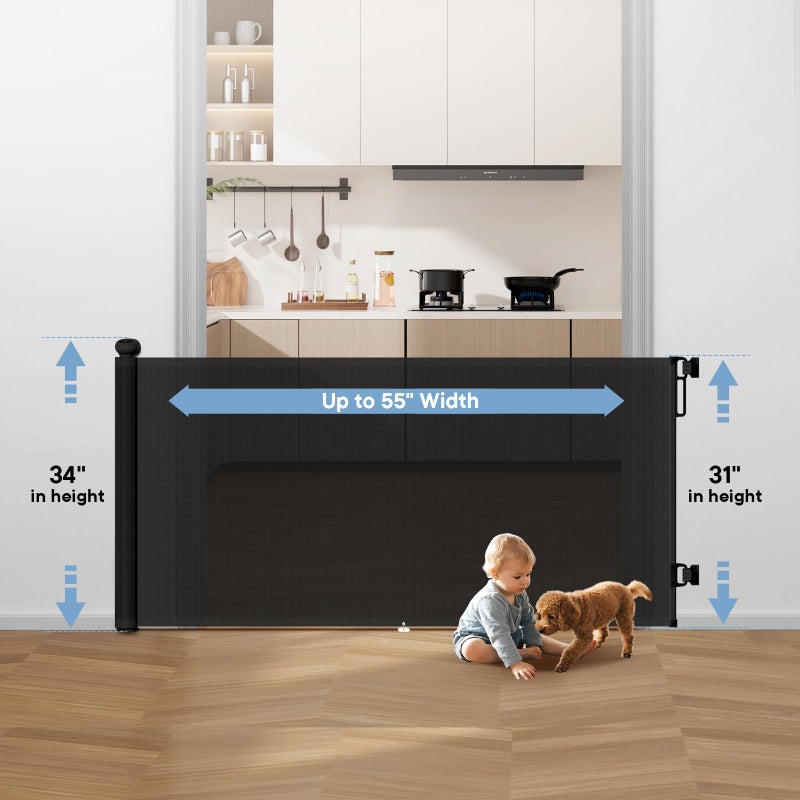 BBsecure Retractable Baby Gate - 55" Wide Mesh Pet Gate with Anti-Crawling Hook, Safety Lock, One-Hand Operation, 34" Tall Baby Gate for Stairs, Doorways, Hallways, Garage, Indoor Outdoor, Black - Image 2